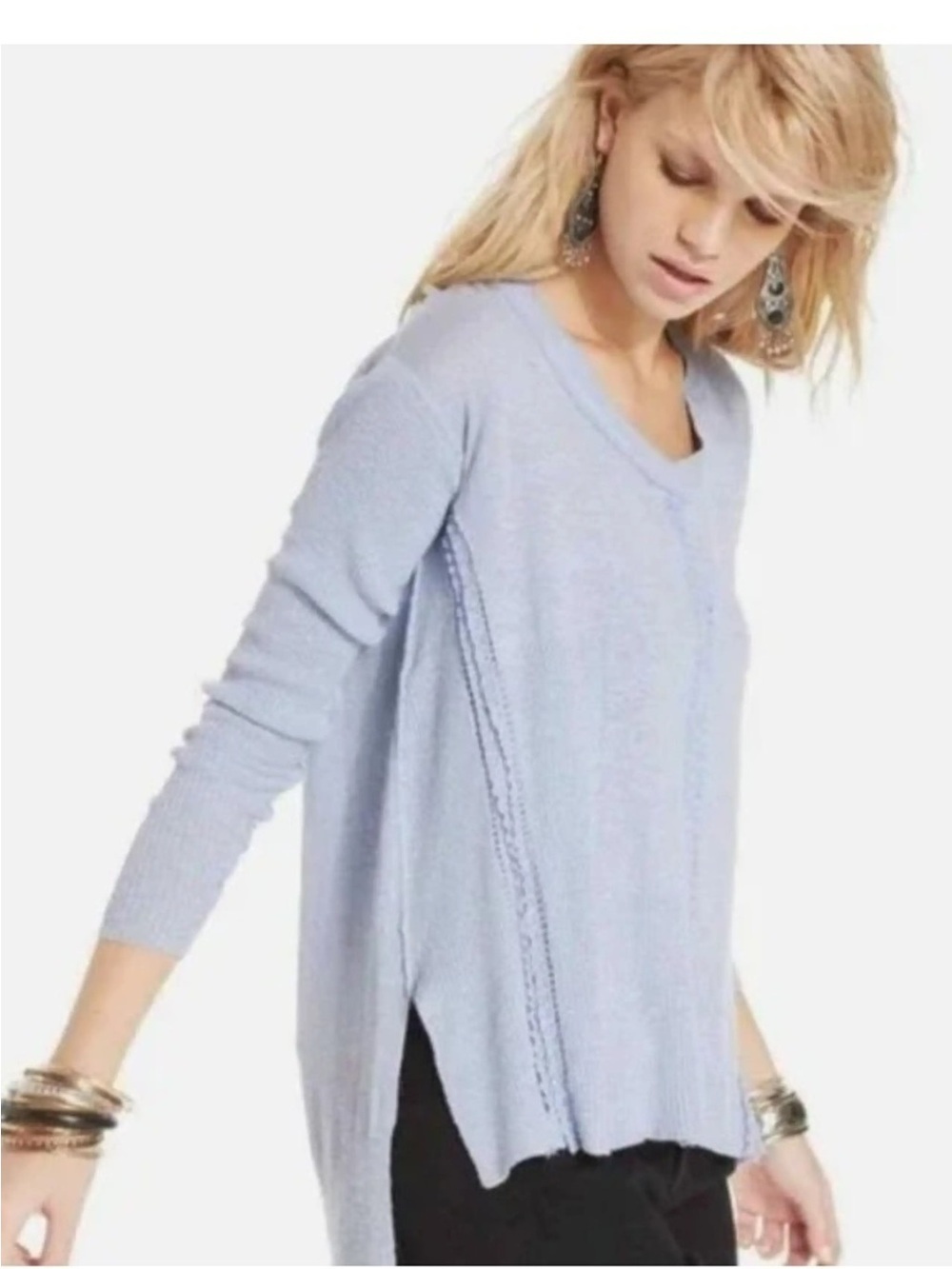 Free People Lace Road Tunic Sweater Lightweight Knit High Low Medium Periwinkle